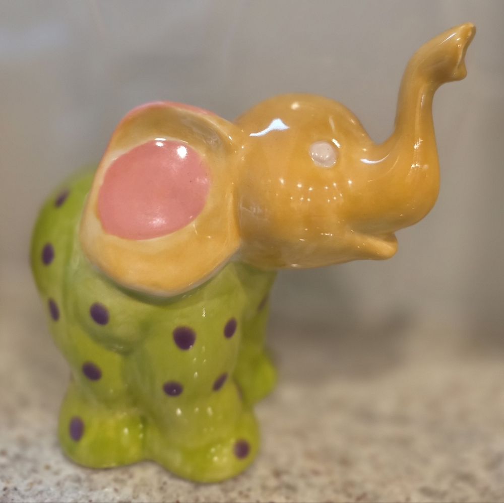 Colorful Ceramic Elephant Figurine - Green, Yellow & Pink
